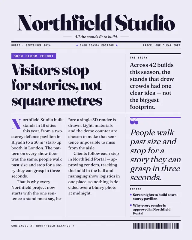 Sample Front page creative (News & media template), shown on the fictional brand Northfield Studio