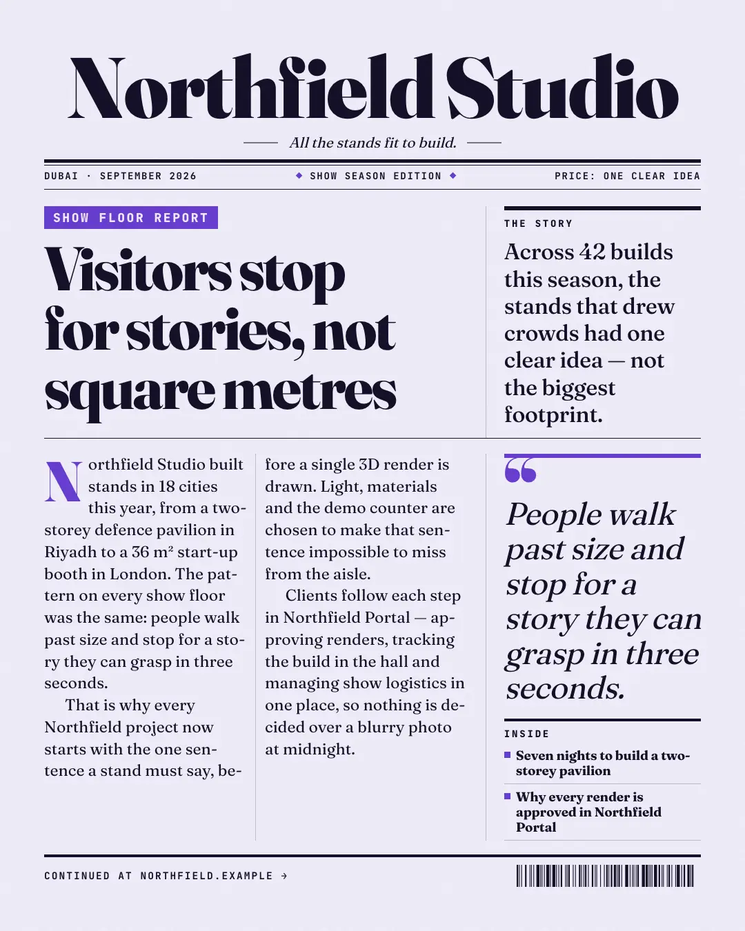 Sample Front page creative (News & media template), shown on the fictional brand Northfield Studio