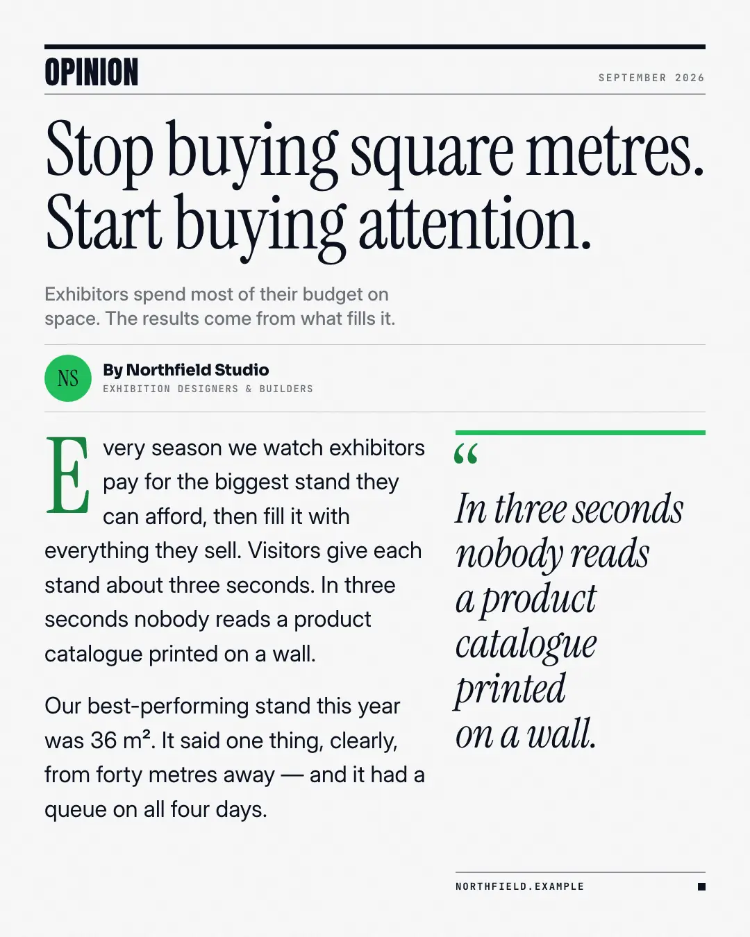 Sample Op-ed column creative (News & media template), shown on the fictional brand Northfield Studio