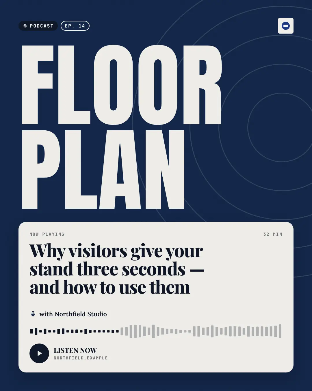 Sample Podcast episode card creative (News & media template), shown on the fictional brand Northfield Studio