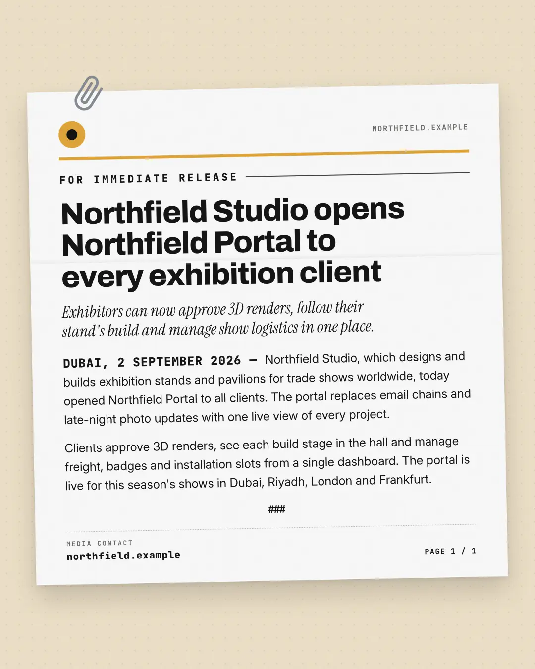 Sample Press release creative (News & media template), shown on the fictional brand Northfield Studio