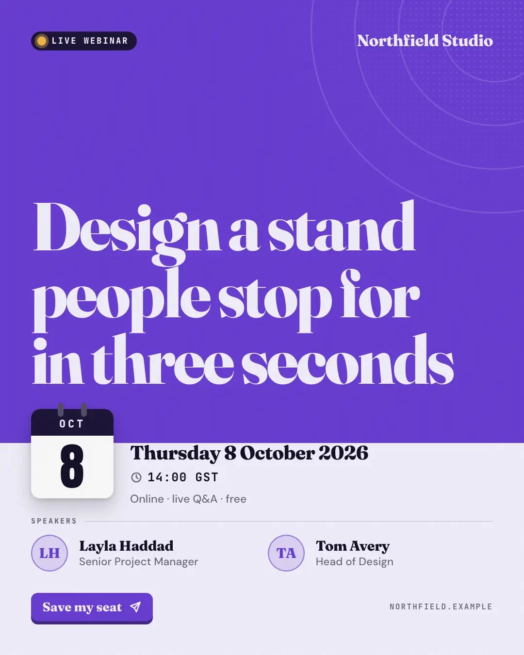 Sample Webinar / event card creative (News & media template), shown on the fictional brand Northfield Studio