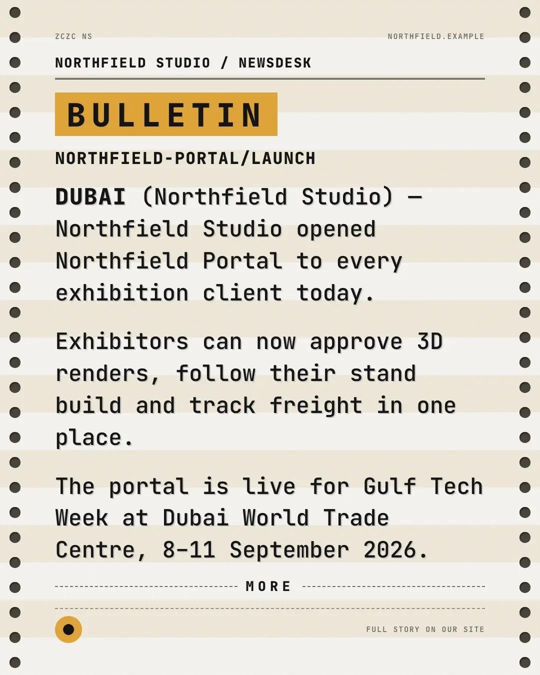 Sample Newswire bulletin creative (News & media template), shown on the fictional brand Northfield Studio