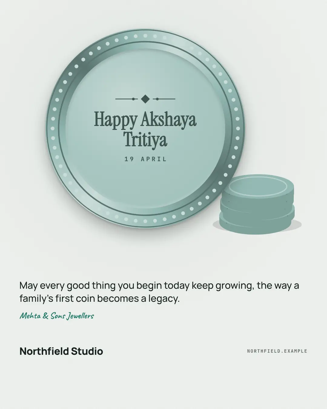 Sample Akshaya Tritiya gold coin creative (Festivals & occasions template), shown on the fictional brand Northfield Studio