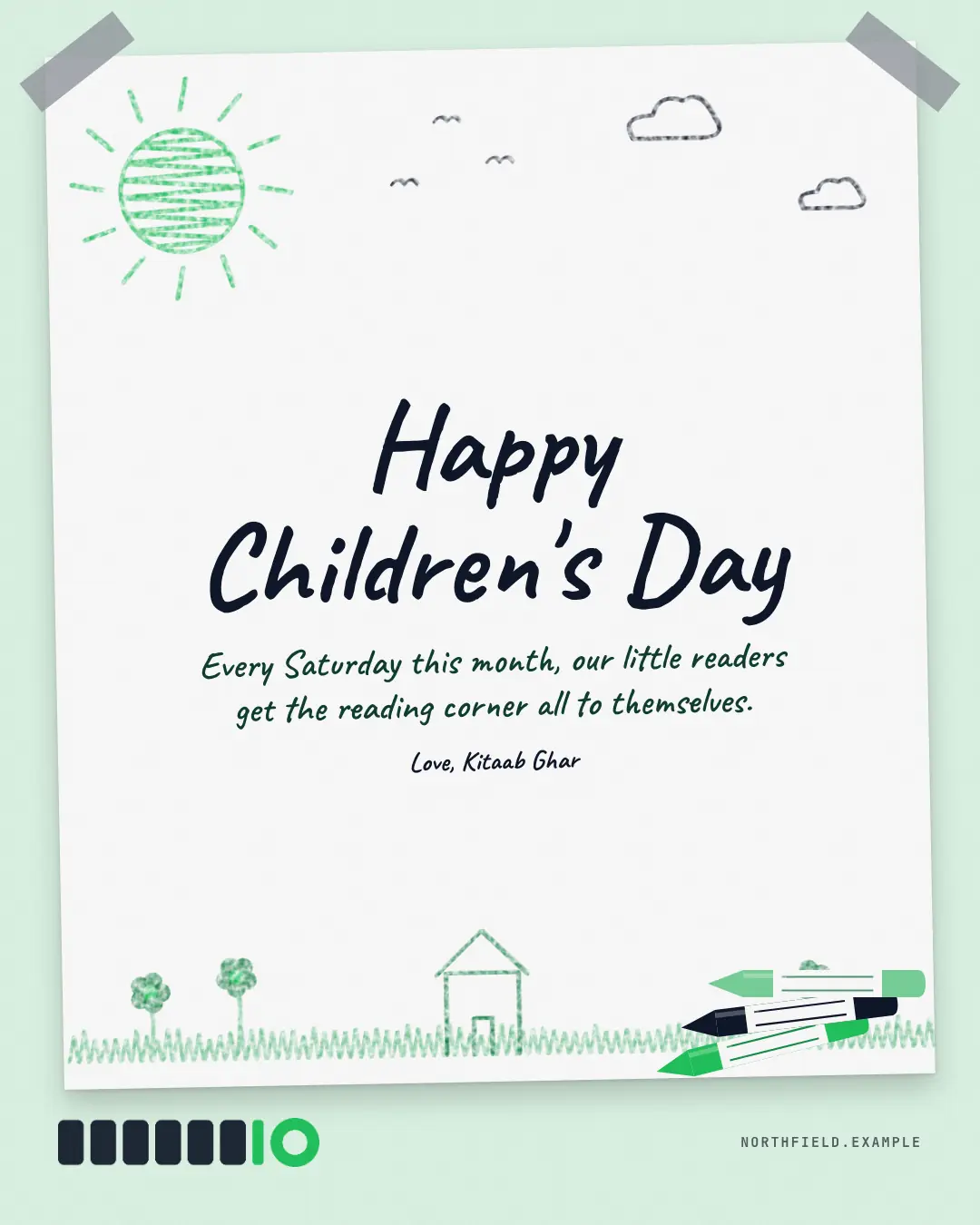 Sample Children's Day crayon drawing creative (Festivals & occasions template), shown on the fictional brand Northfield Studio