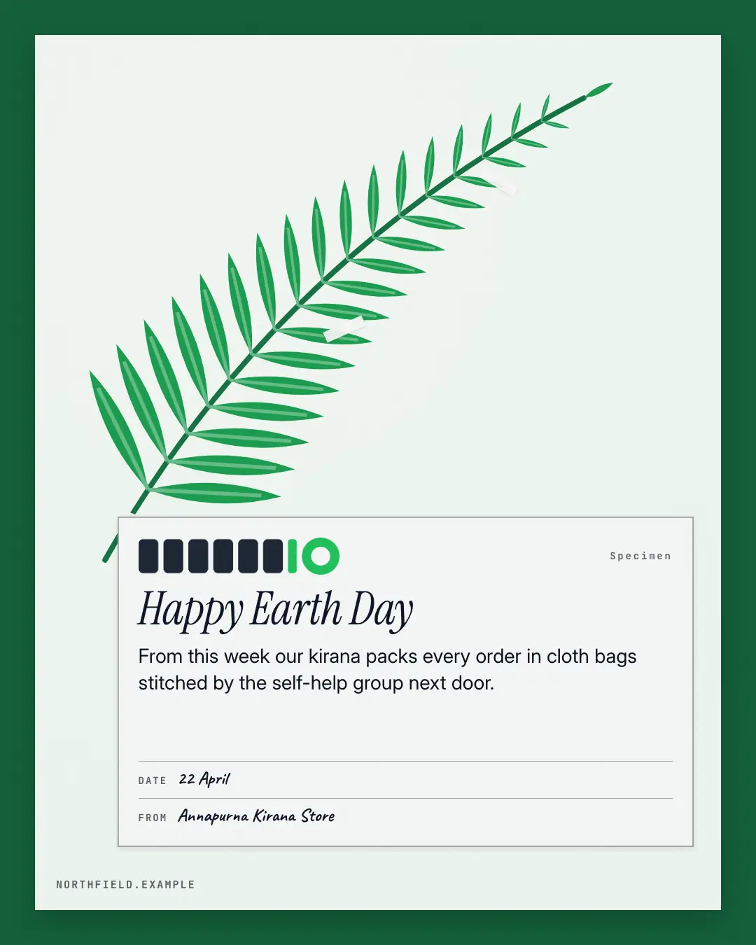 Sample Earth Day herbarium sheet creative (Festivals & occasions template), shown on the fictional brand Northfield Studio
