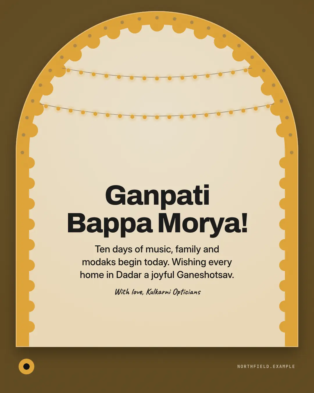 Sample Ganesh Chaturthi pandal arch creative (Festivals & occasions template), shown on the fictional brand Northfield Studio