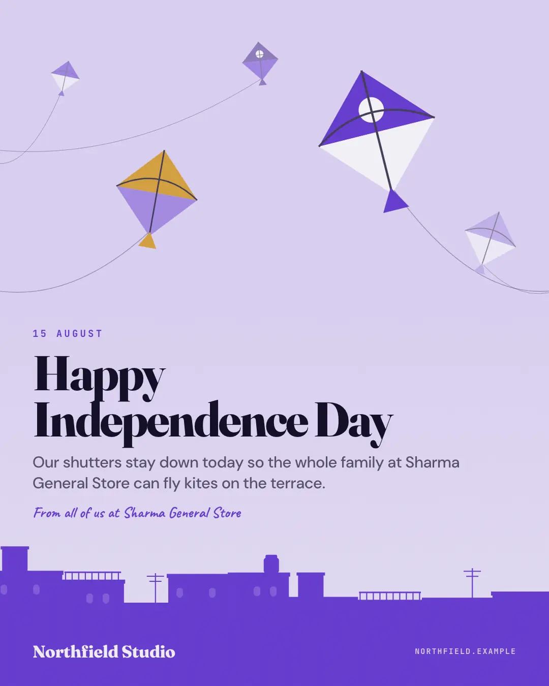 Sample Independence Day kites creative (Festivals & occasions template), shown on the fictional brand Northfield Studio