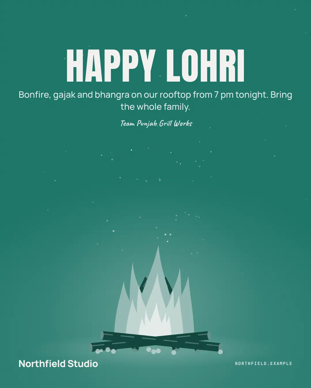 Sample Lohri bonfire creative (Festivals & occasions template), shown on the fictional brand Northfield Studio