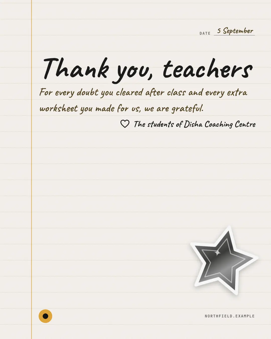 Sample Teachers' Day gold star creative (Festivals & occasions template), shown on the fictional brand Northfield Studio