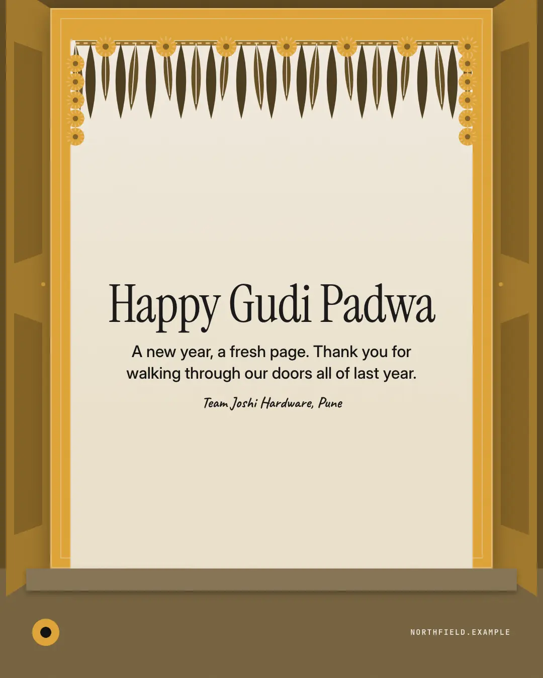 Sample Ugadi & Gudi Padwa toran creative (Festivals & occasions template), shown on the fictional brand Northfield Studio