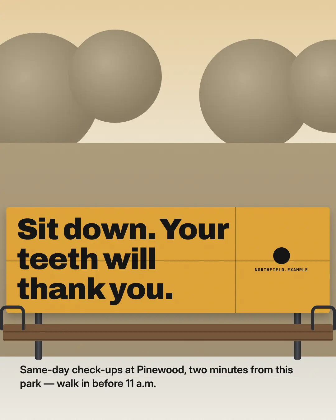 Sample Bench backrest ad creative (Posters & OOH template), shown on the fictional brand Northfield Studio