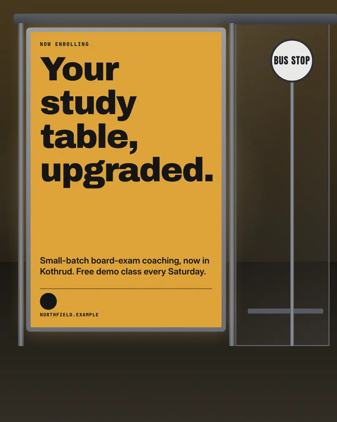 Sample Bus-shelter poster creative (Posters & OOH template), shown on the fictional brand Northfield Studio