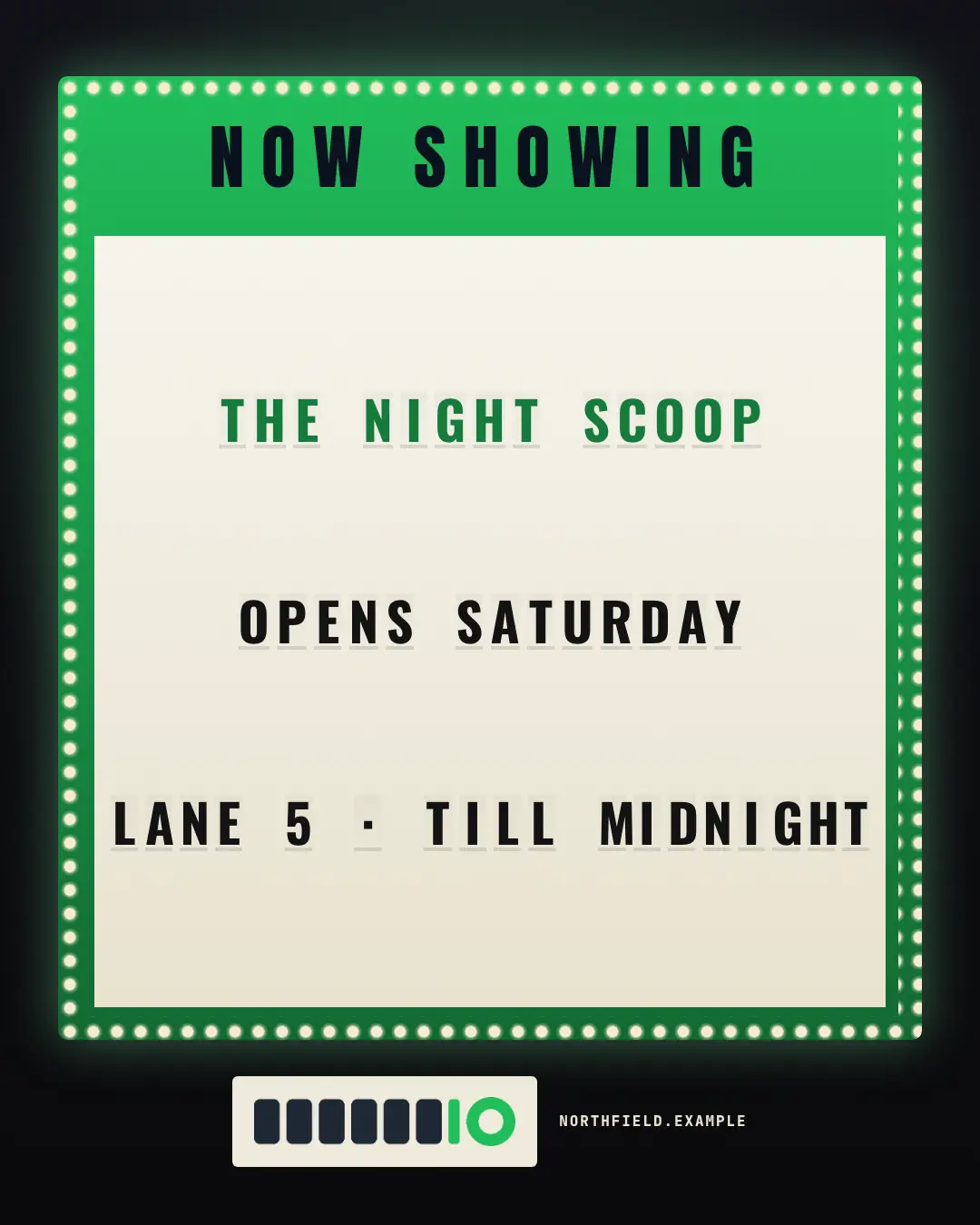 Sample Cinema marquee creative (Posters & OOH template), shown on the fictional brand Northfield Studio