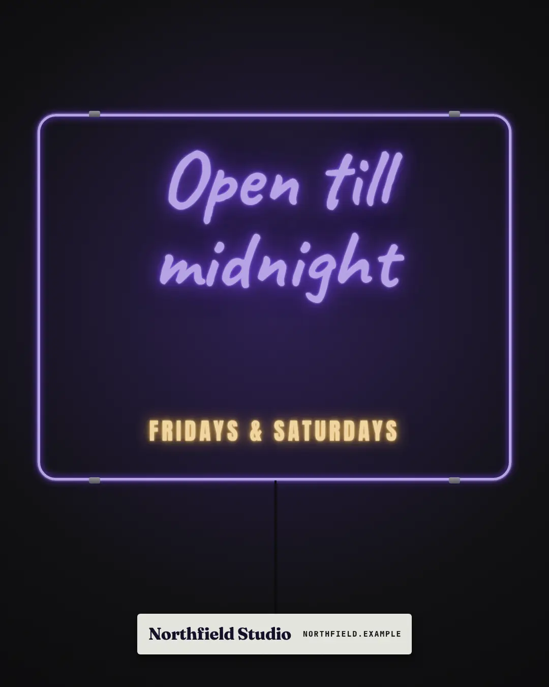 Sample Neon wall creative (Posters & OOH template), shown on the fictional brand Northfield Studio