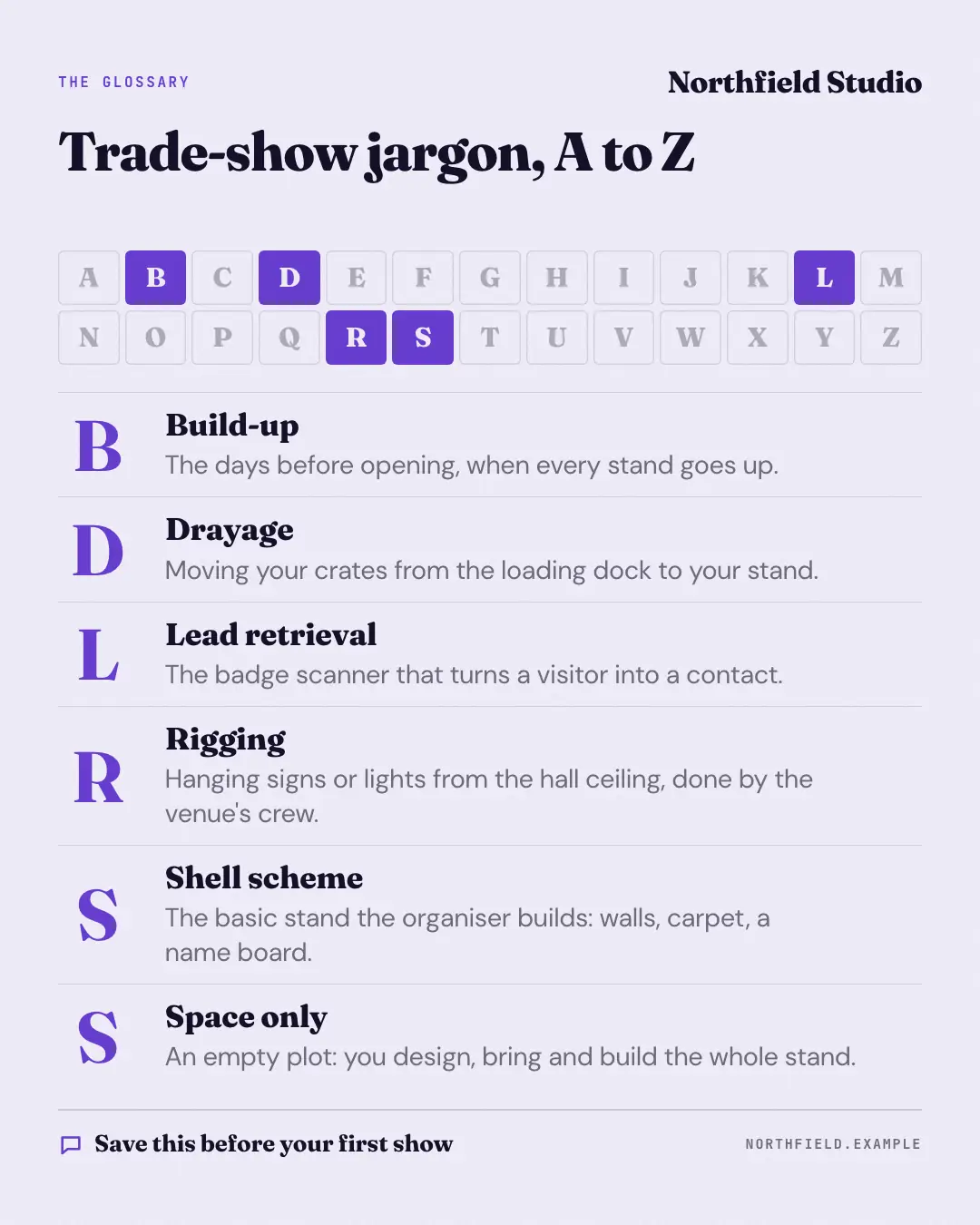 Sample A–Z glossary creative (Playbooks & explainers template), shown on the fictional brand Northfield Studio