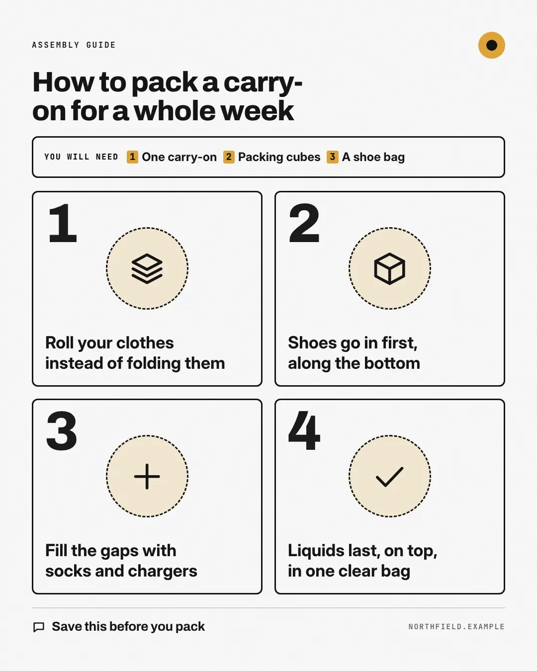 Sample Flat-pack instructions creative (Playbooks & explainers template), shown on the fictional brand Northfield Studio