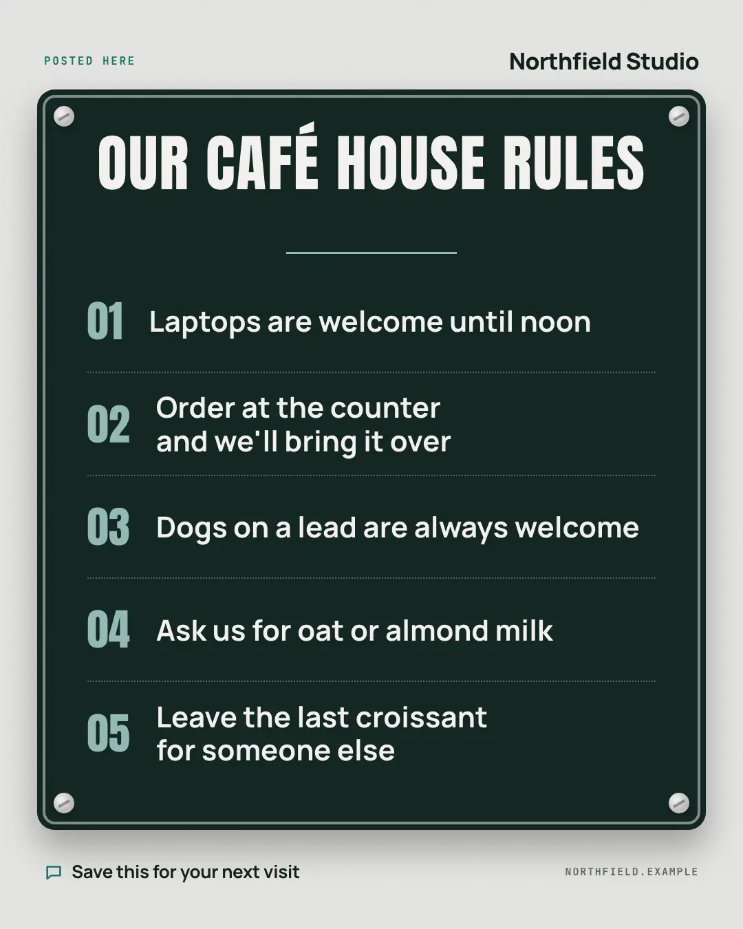 Sample House rules creative (Playbooks & explainers template), shown on the fictional brand Northfield Studio