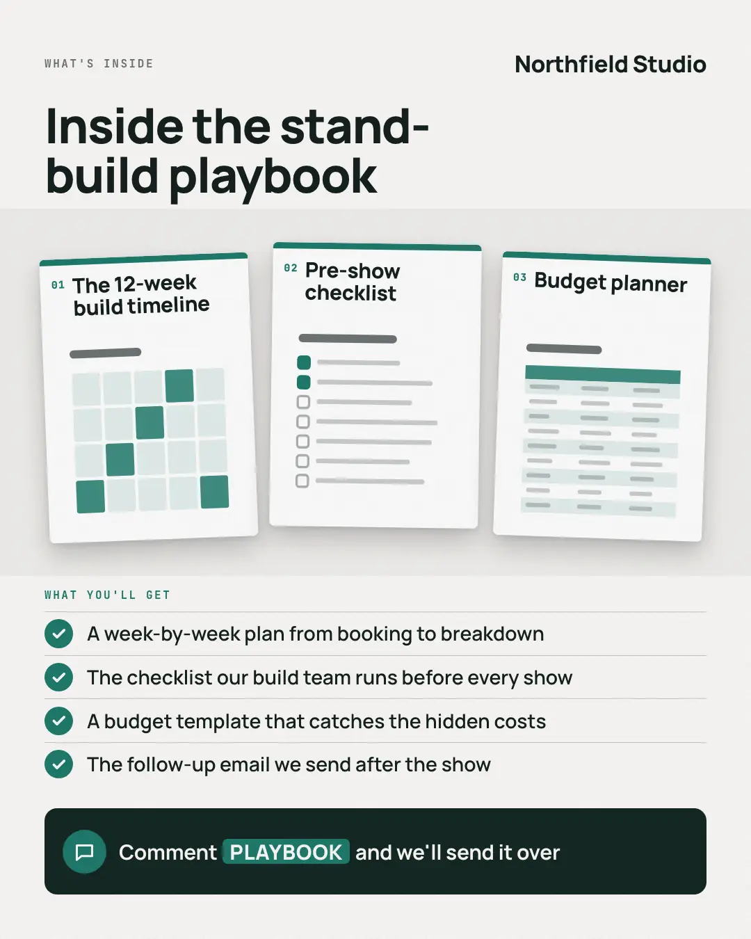 Sample Inside the playbook creative (Lead-magnet teasers template), shown on the fictional brand Northfield Studio