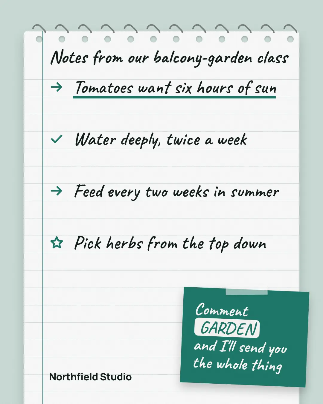 Sample Notebook notes creative (Lead-magnet teasers template), shown on the fictional brand Northfield Studio