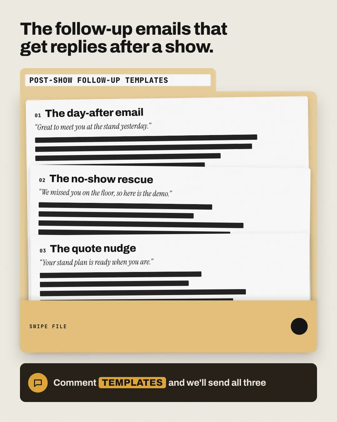 Sample Redacted swipe file creative (Lead-magnet teasers template), shown on the fictional brand Northfield Studio