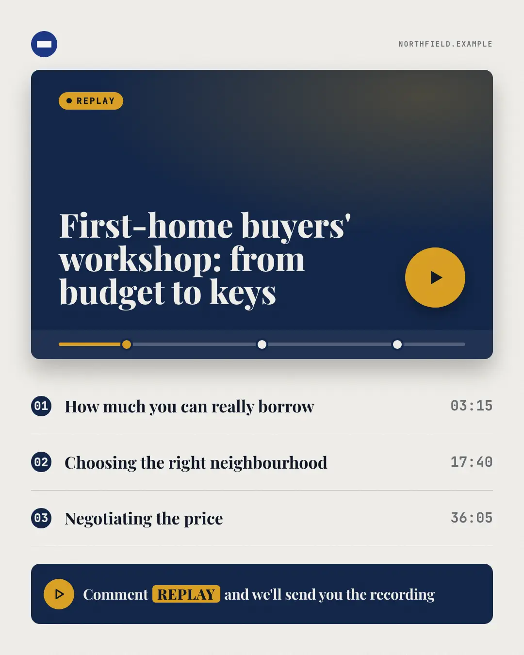 Sample Webinar replay creative (Lead-magnet teasers template), shown on the fictional brand Northfield Studio