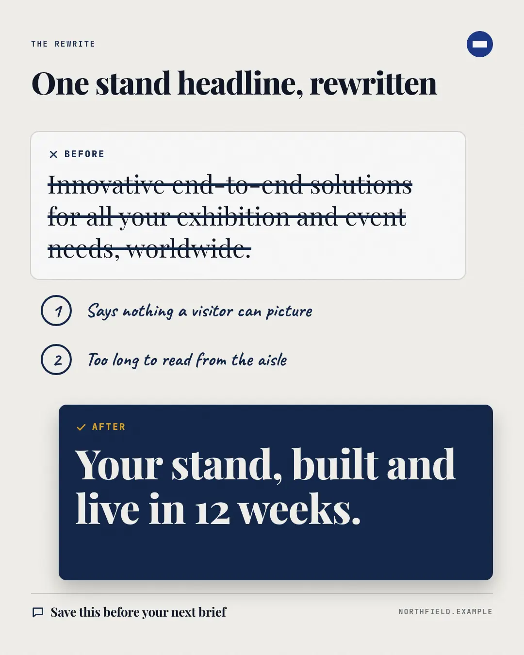 Sample Annotated rewrite creative (Playbooks & explainers template), shown on the fictional brand Northfield Studio