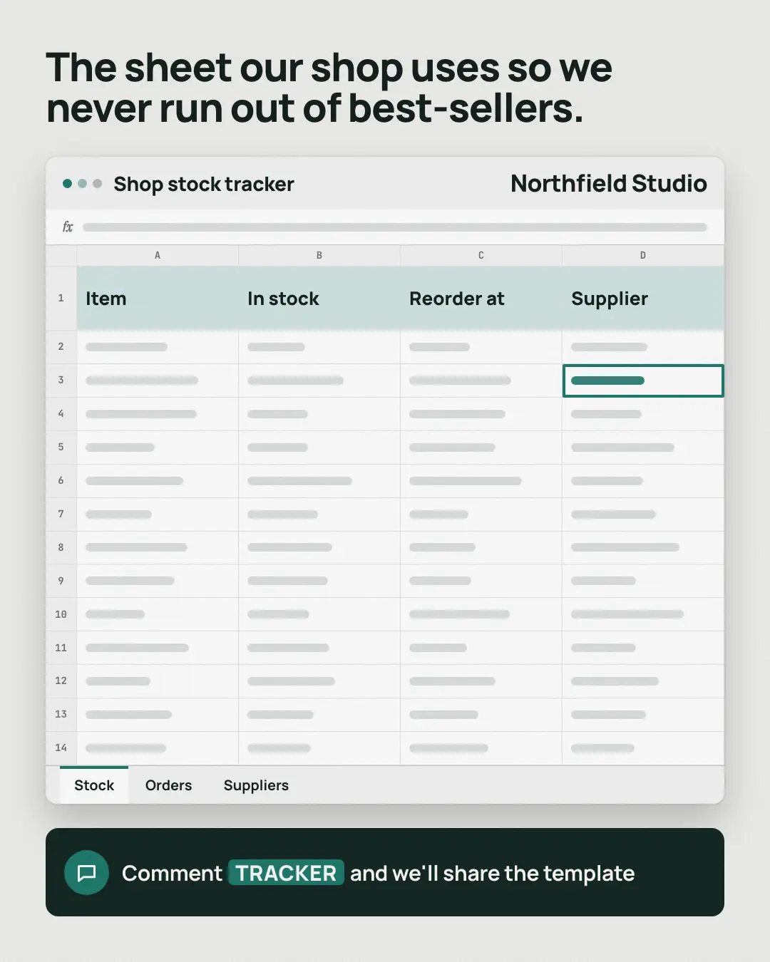 Sample Spreadsheet template creative (Lead-magnet teasers template), shown on the fictional brand Northfield Studio