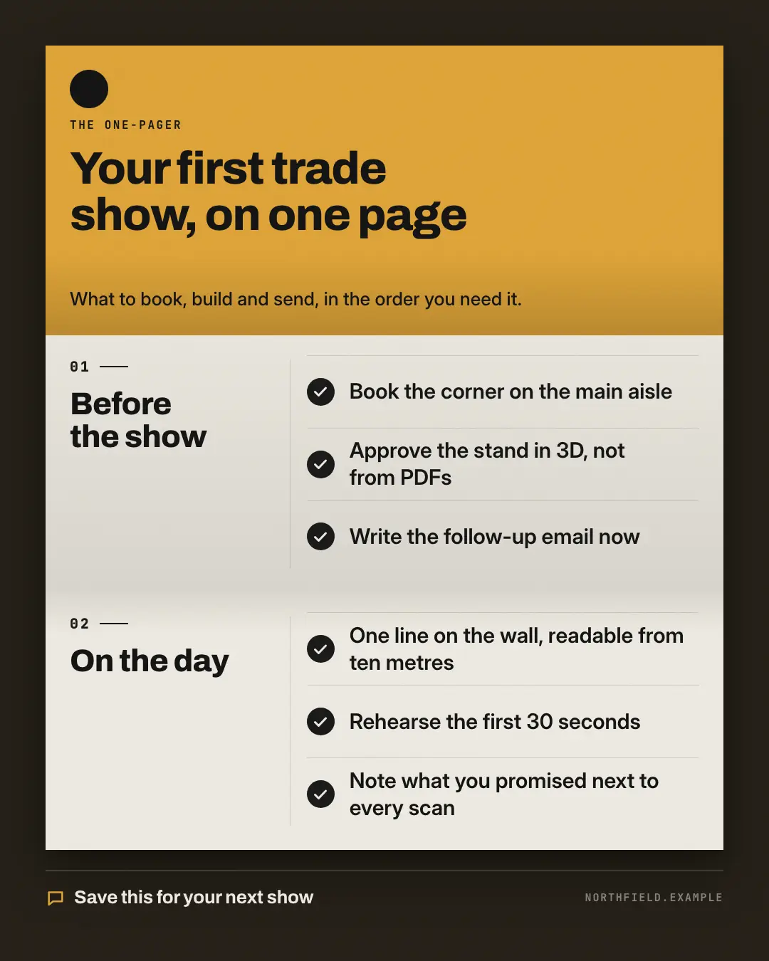 Sample Tri-fold one-pager creative (Playbooks & explainers template), shown on the fictional brand Northfield Studio