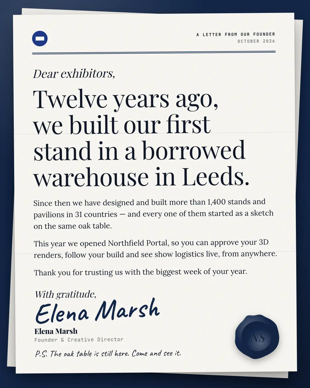 Sample Founder letter creative (People & story template), shown on the fictional brand Northfield Studio
