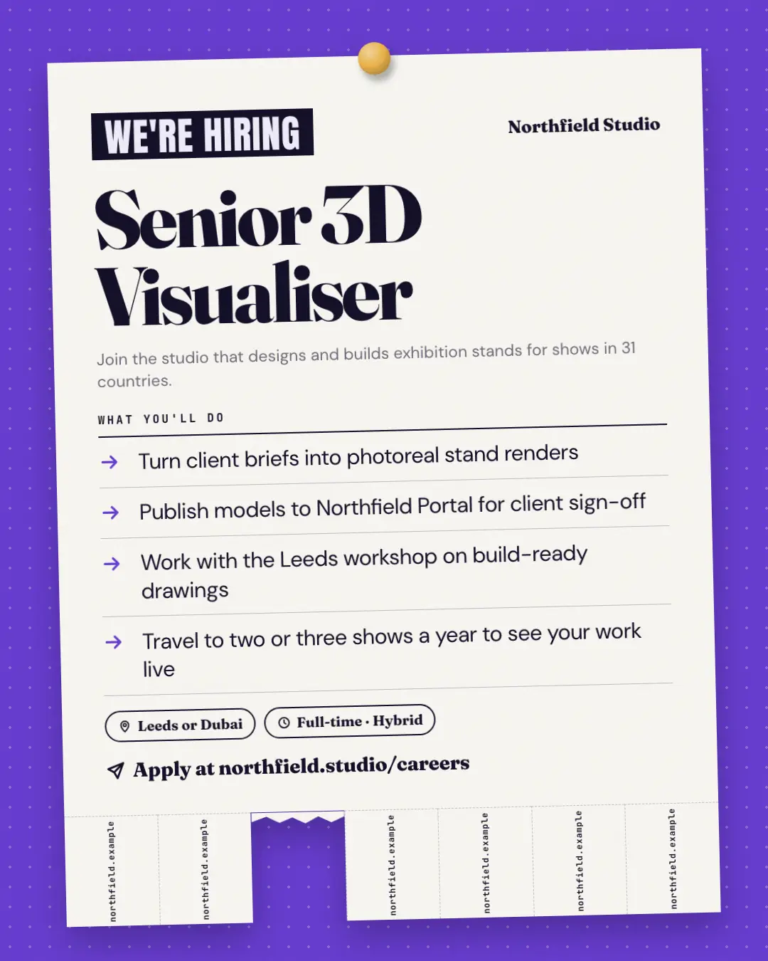 Sample We're hiring creative (People & story template), shown on the fictional brand Northfield Studio