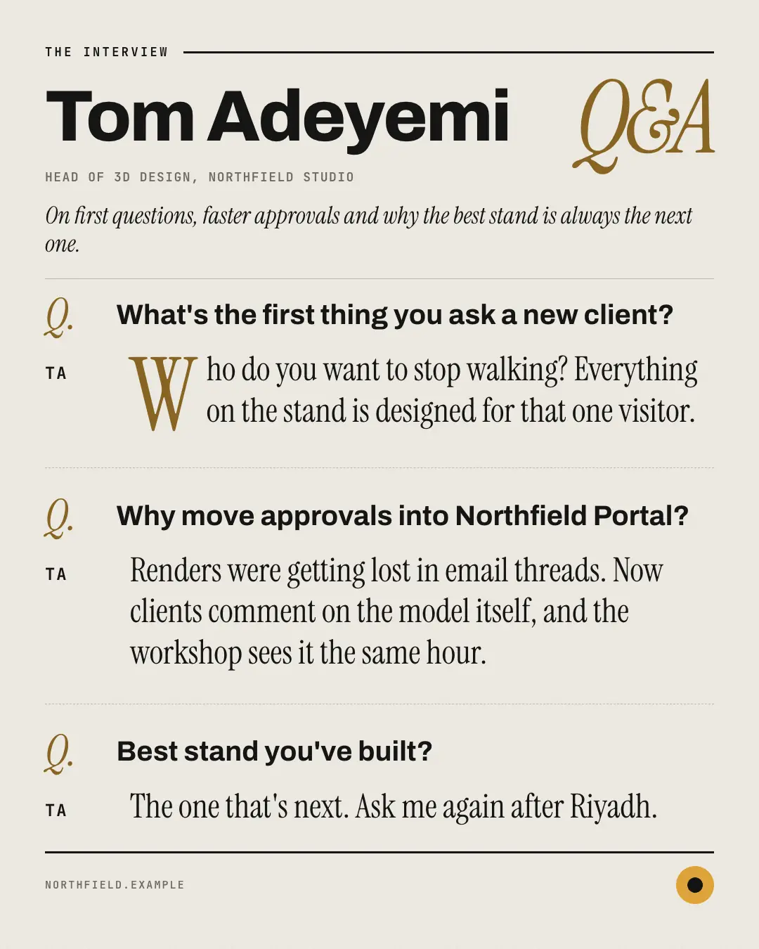 Sample Interview Q&A creative (People & story template), shown on the fictional brand Northfield Studio