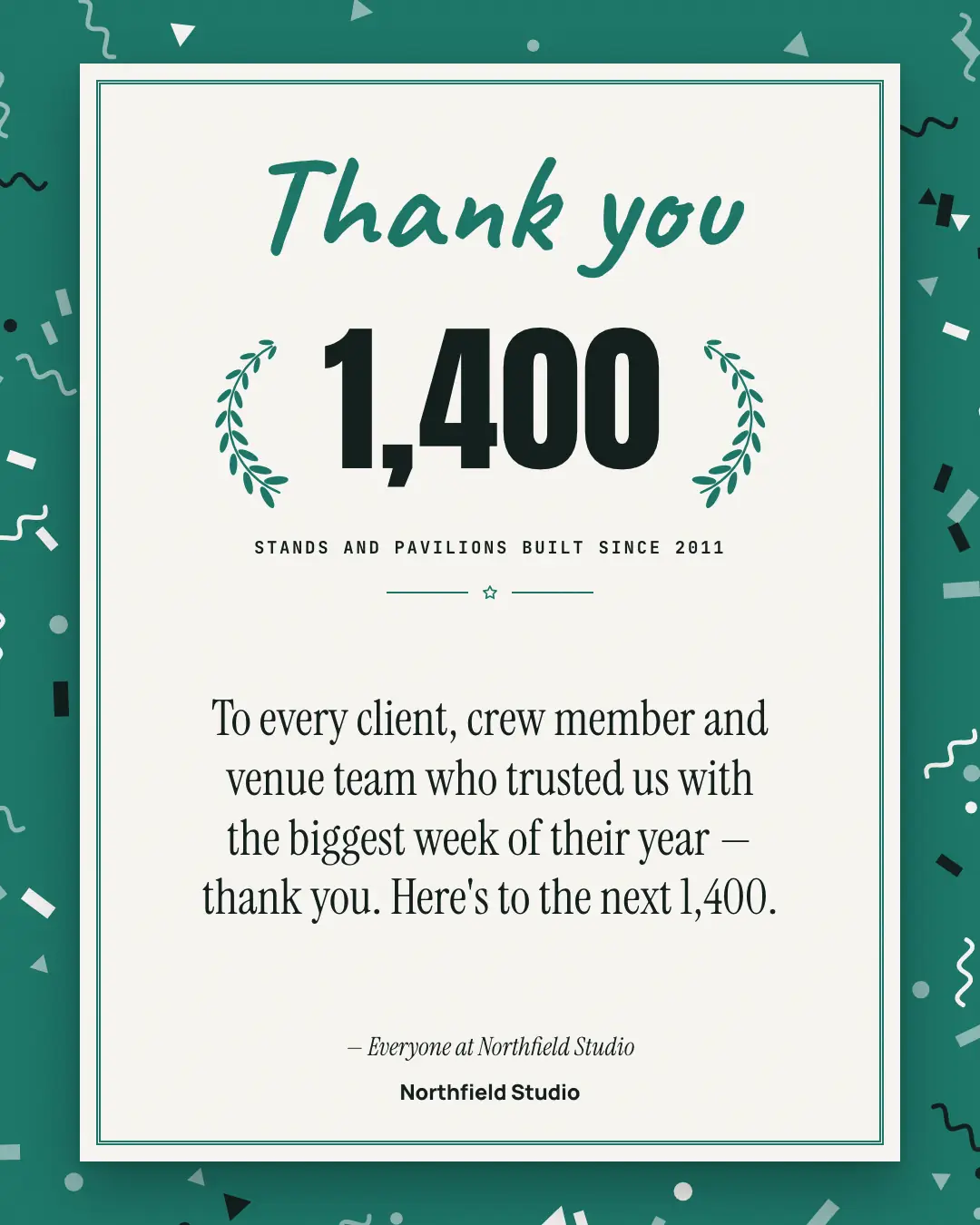 Sample Milestone thank-you creative (People & story template), shown on the fictional brand Northfield Studio
