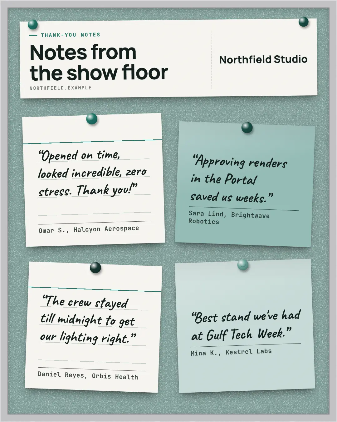Sample Thank-you board creative (People & story template), shown on the fictional brand Northfield Studio
