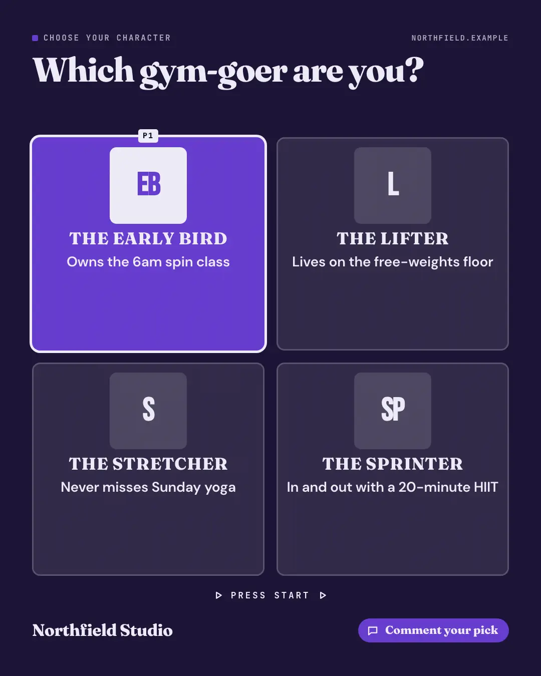 Sample Which character are you? creative (Tabletop & arcade template), shown on the fictional brand Northfield Studio