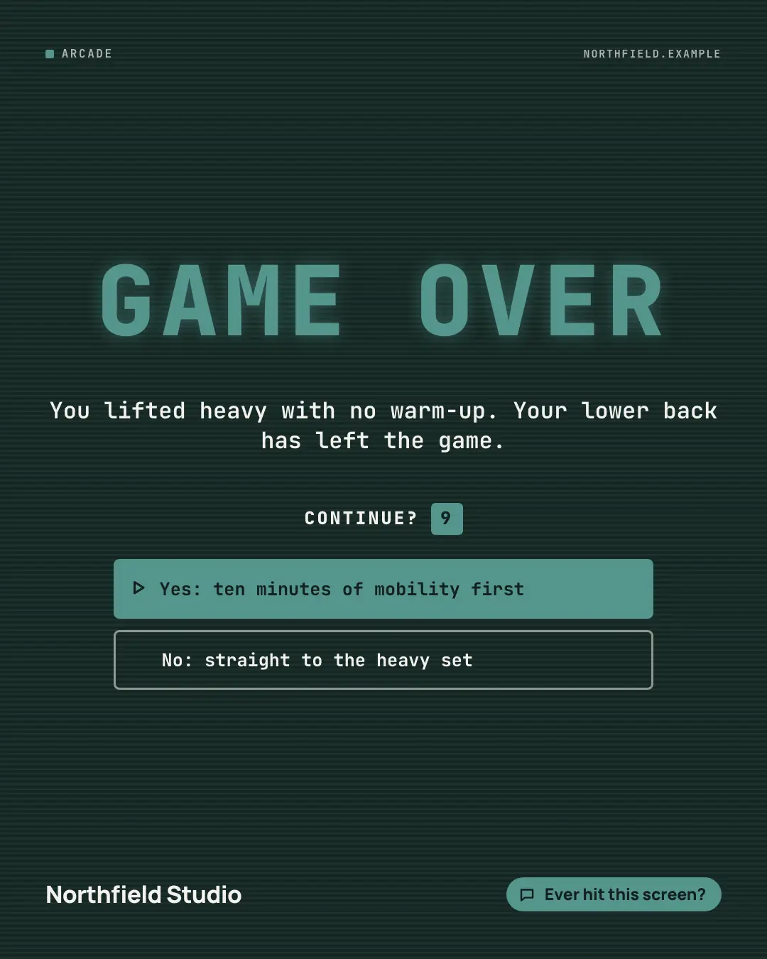 Sample Arcade retry creative (Tabletop & arcade template), shown on the fictional brand Northfield Studio