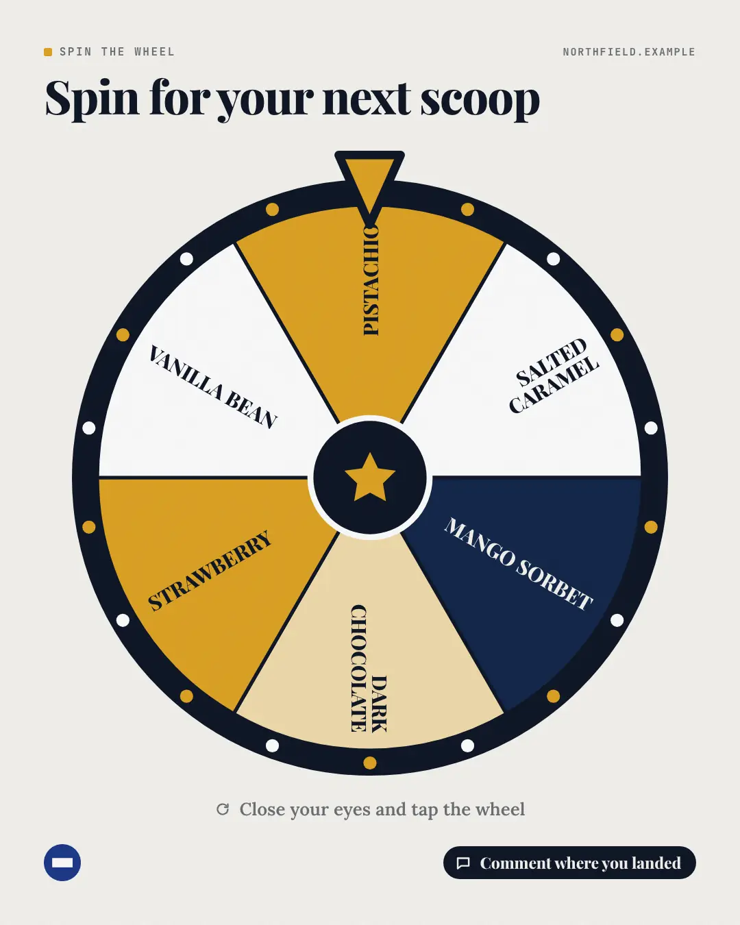 Sample Spin the wheel creative (Tabletop & arcade template), shown on the fictional brand Northfield Studio