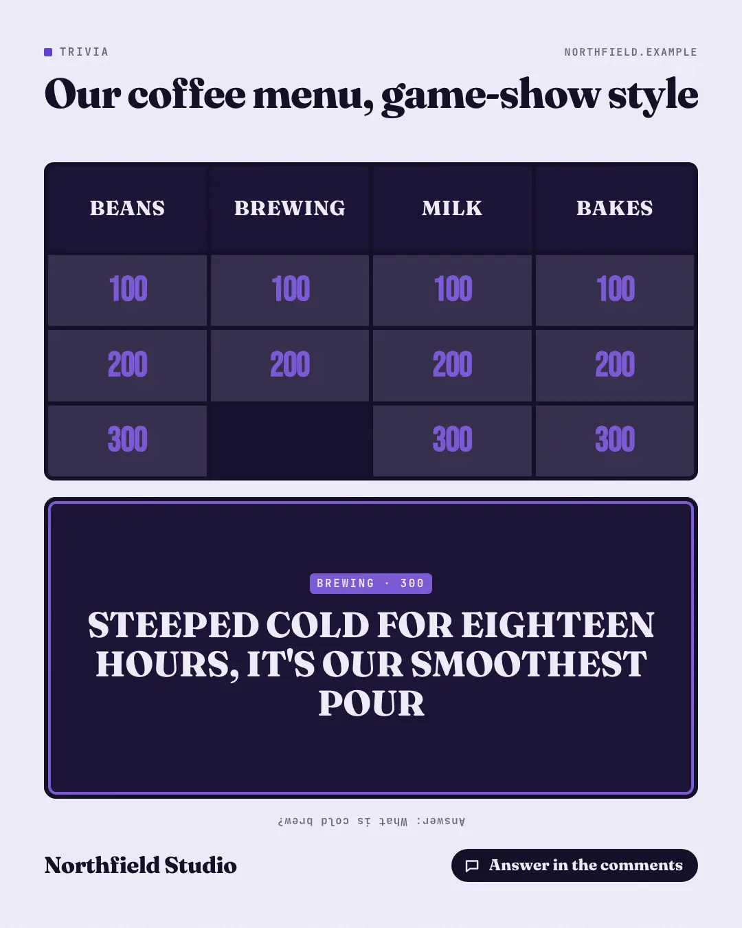 Sample Trivia board creative (Tabletop & arcade template), shown on the fictional brand Northfield Studio