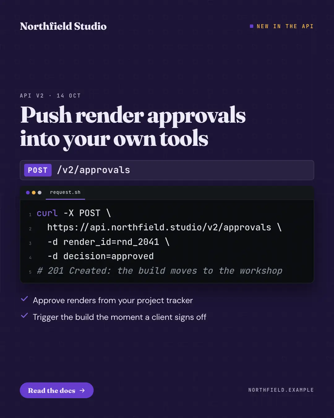 Sample API release card creative (Releases & roadmaps template), shown on the fictional brand Northfield Studio