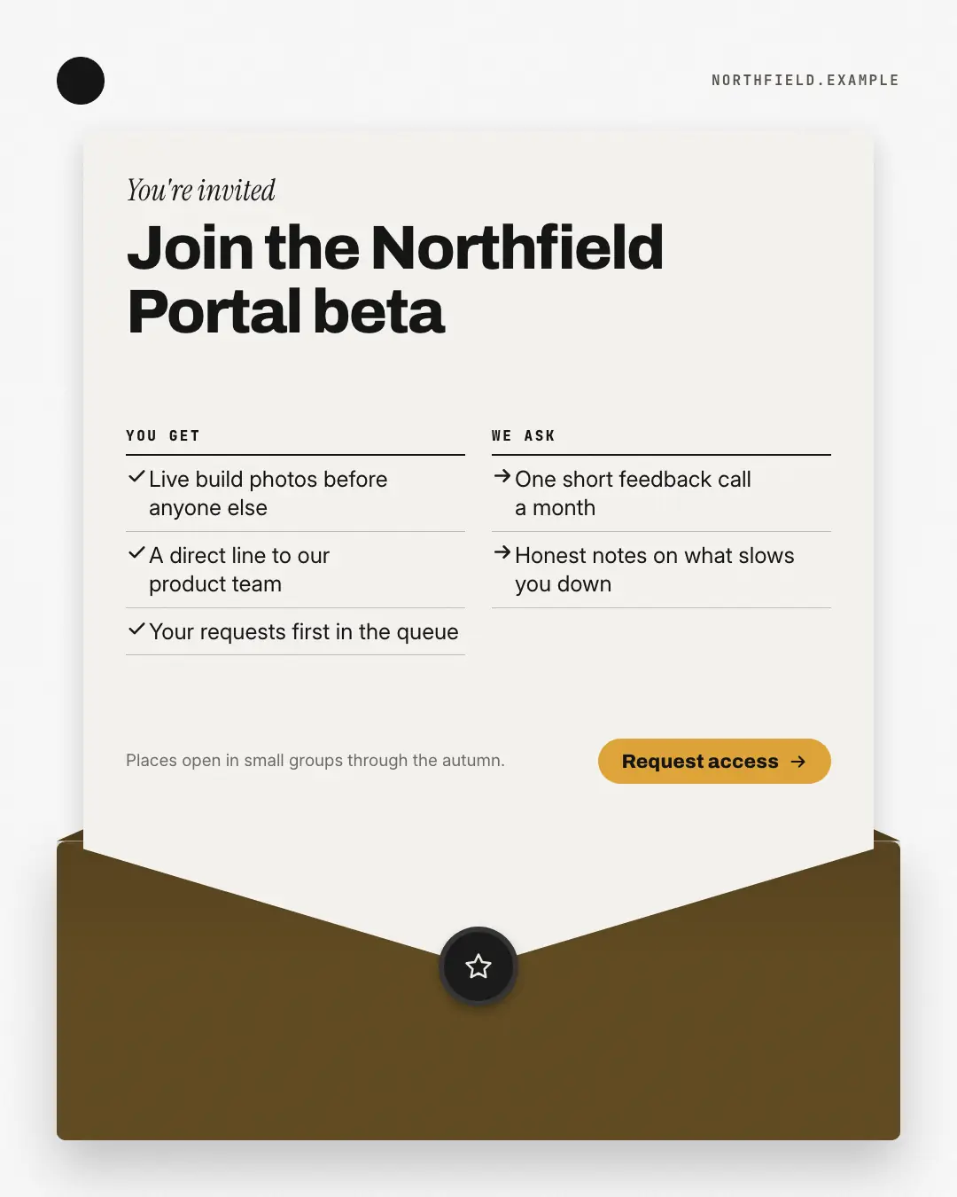 Sample Beta invitation creative (Openings & reveals template), shown on the fictional brand Northfield Studio