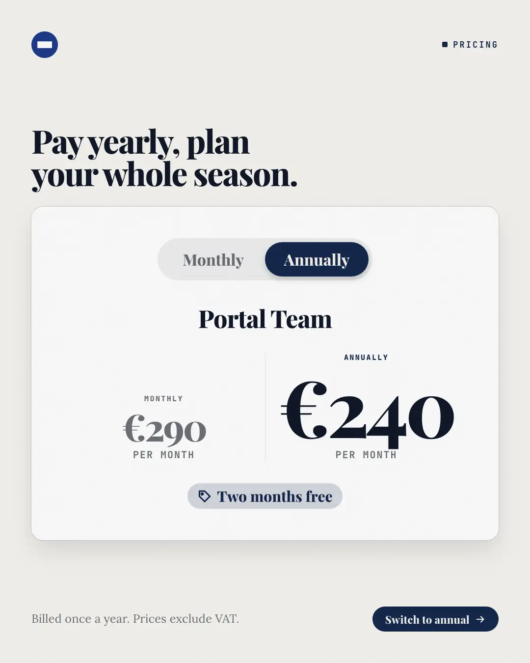 Sample Monthly or annual switch creative (Pricing & integrations template), shown on the fictional brand Northfield Studio