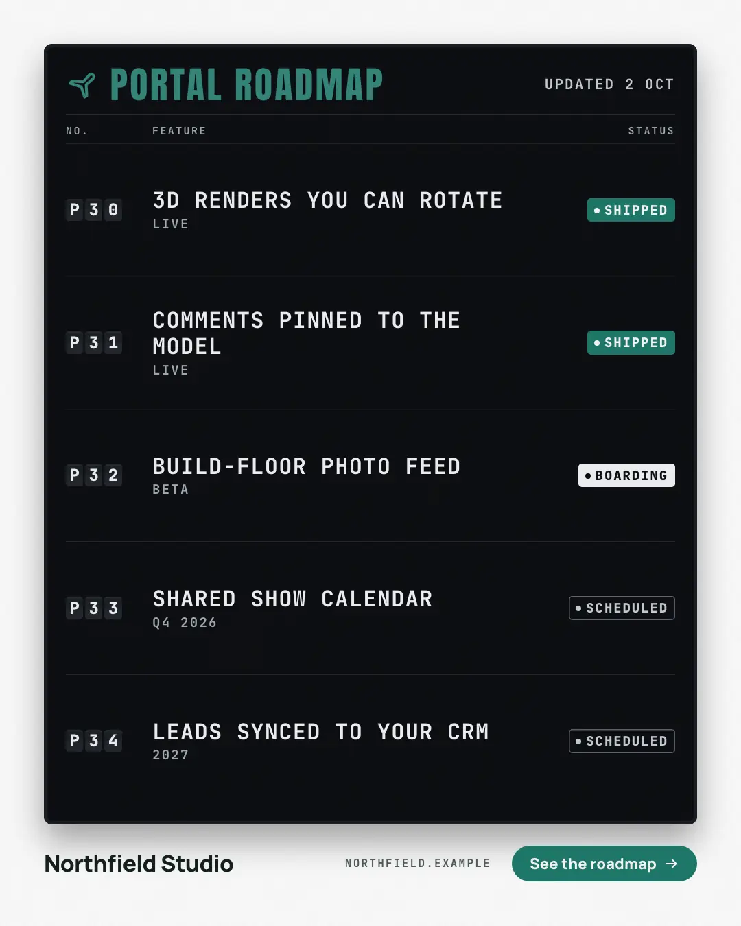 Sample Departures board creative (Releases & roadmaps template), shown on the fictional brand Northfield Studio