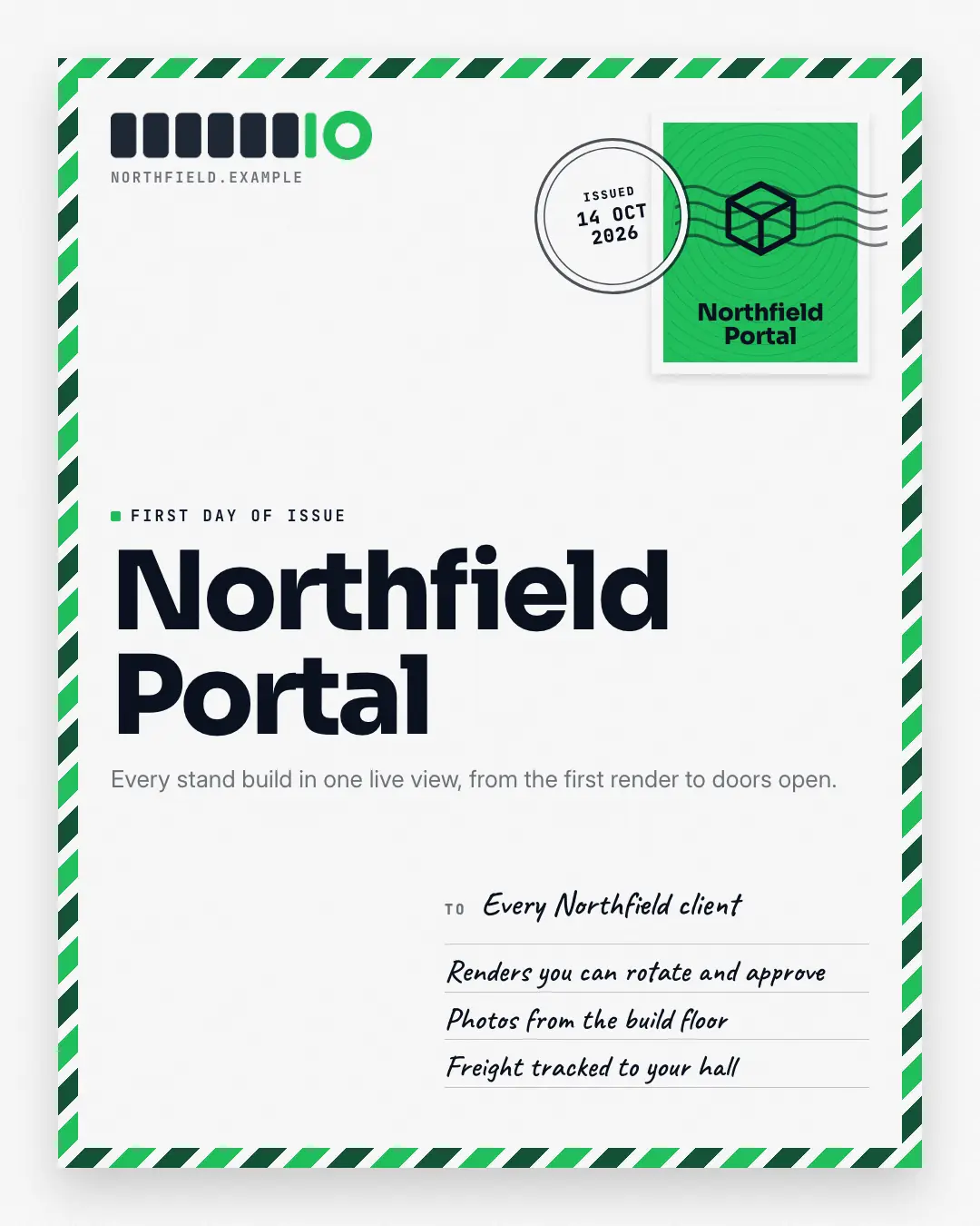 Sample First-day cover creative (Openings & reveals template), shown on the fictional brand Northfield Studio