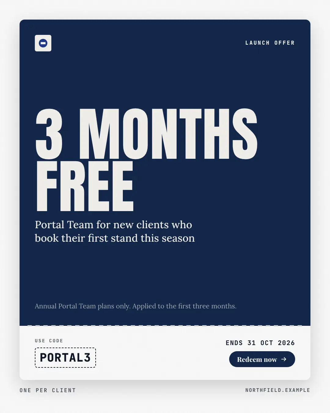 Sample Tear-off coupon creative (Pricing & integrations template), shown on the fictional brand Northfield Studio