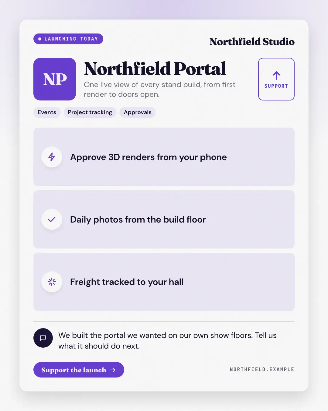 Sample Directory listing creative (Openings & reveals template), shown on the fictional brand Northfield Studio