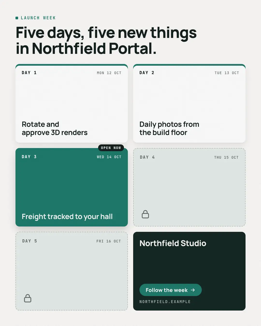 Sample Launch week creative (Openings & reveals template), shown on the fictional brand Northfield Studio