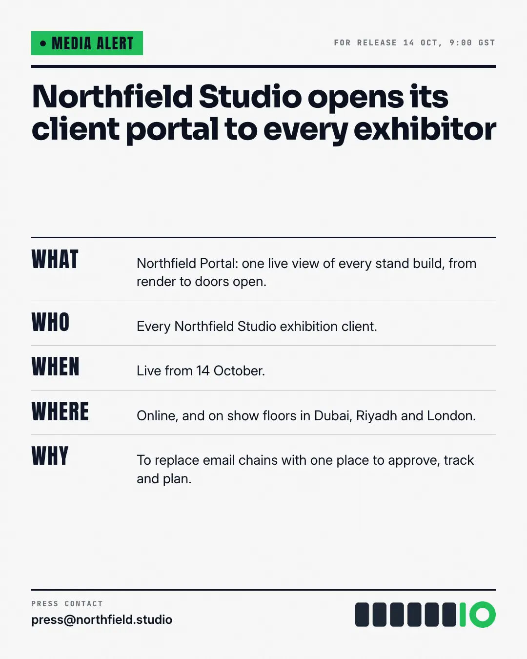 Sample Media alert creative (Openings & reveals template), shown on the fictional brand Northfield Studio