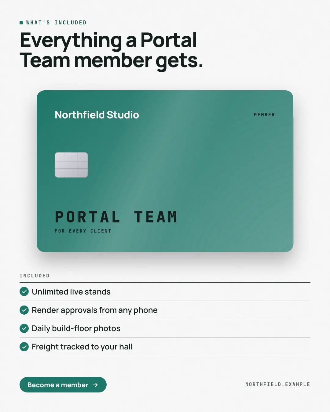 Sample Membership card creative (Pricing & integrations template), shown on the fictional brand Northfield Studio