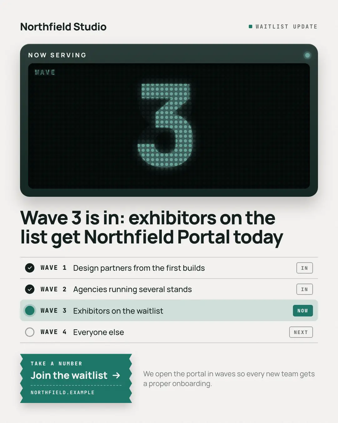 Sample Waitlist ticket creative (Openings & reveals template), shown on the fictional brand Northfield Studio