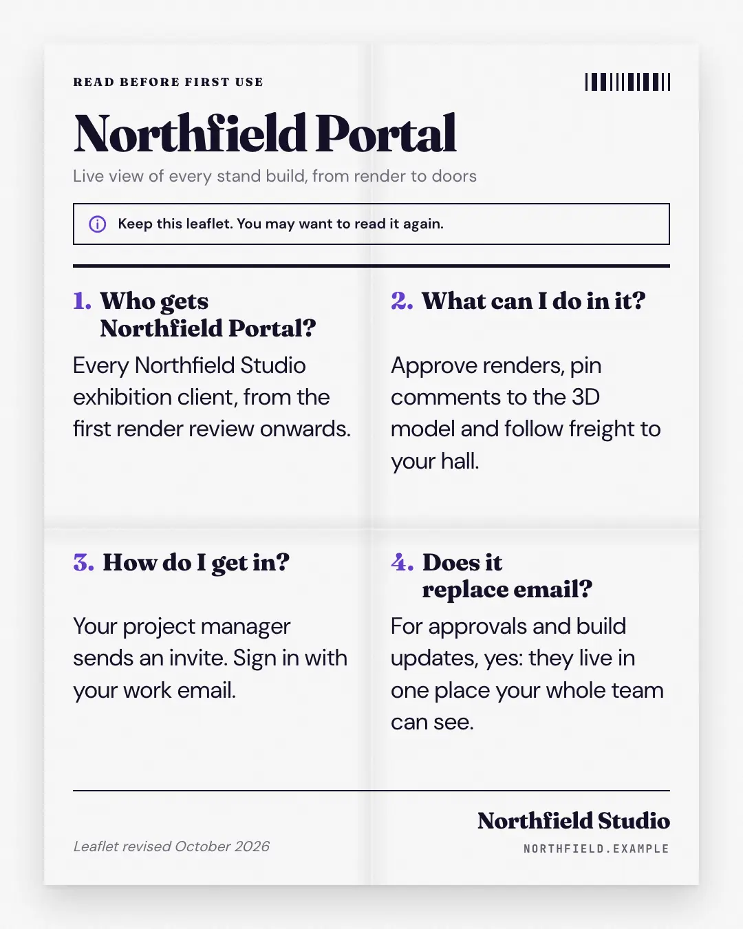 Sample Package insert FAQ creative (Openings & reveals template), shown on the fictional brand Northfield Studio